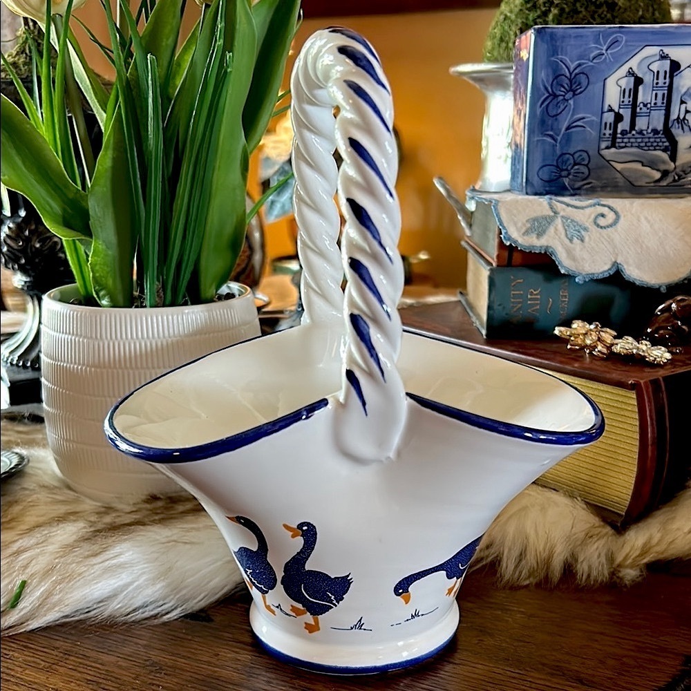 Vintage Italian Ceramic Basket with Blue Duck Goose Design
